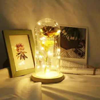 

Copper Wire String Light Glass Dome Wooden Base Night Lamp Home Room Desktop Birthday Party Decoration Holiday Gift
