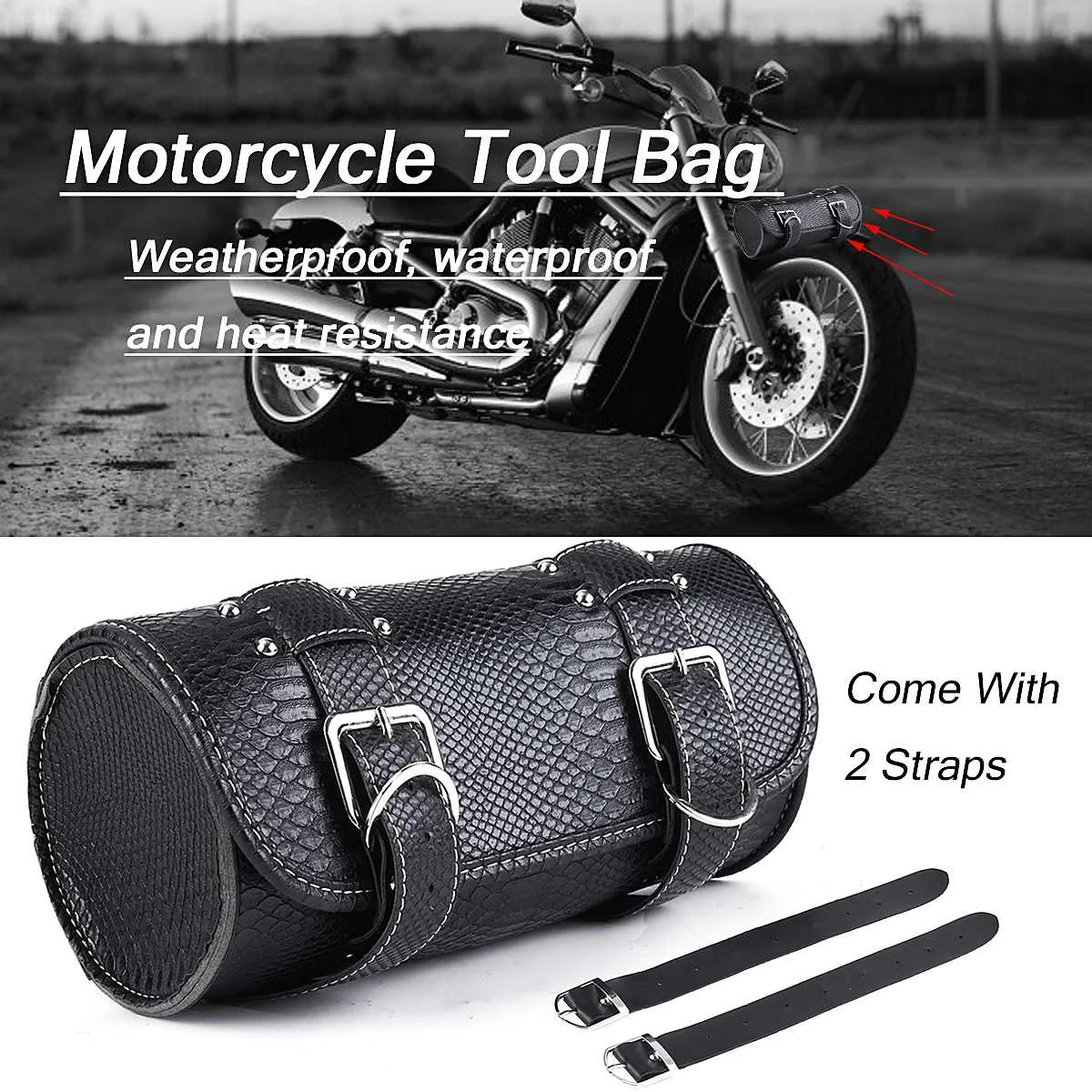 Motorcycle Black Saddlebag Roll Barrel Bag Storage Leather Tool Pouch Universal