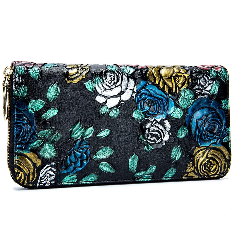 

Women's Wallet Leather Long Paragraph Rose Leather Multi-Card Embossed Flower Wallet Tide