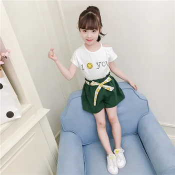 

2019 New Summer Dress Girls Set Children's Korean Version The Exquisite Letter Smiley Comfortable Short-sleeve Shorts Two-piece