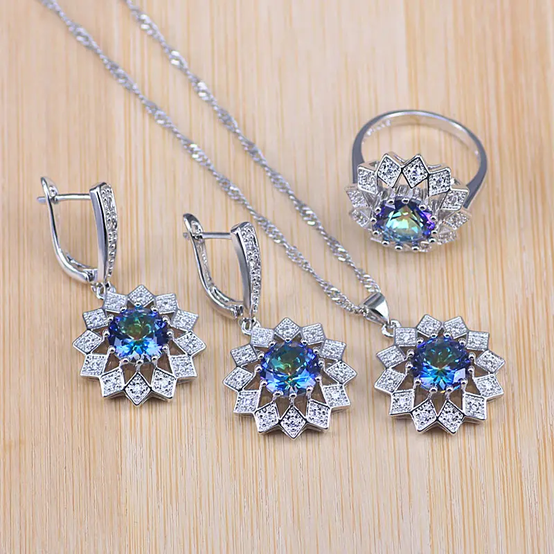 

Rainbow 925 Sterling Silver Earrings Woman Multicolor Stone Bridesmaid Jewelry Sets Pendant Ring Earrings Free Gift Box