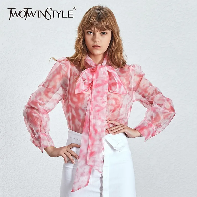 Женская блузка с длинным рукавом TWOTWINSTYLE летняя синяя и розовая оверсайз 2019| |