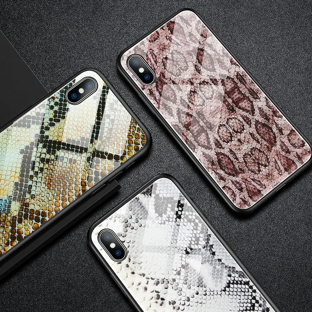 

KISSCASE Python Pattern Phone Case For iPhone X XS Max XR 6 7 8 Tempered Glass Case For iPhone 6 6S 7 8 Plus X Mirror Glass Case