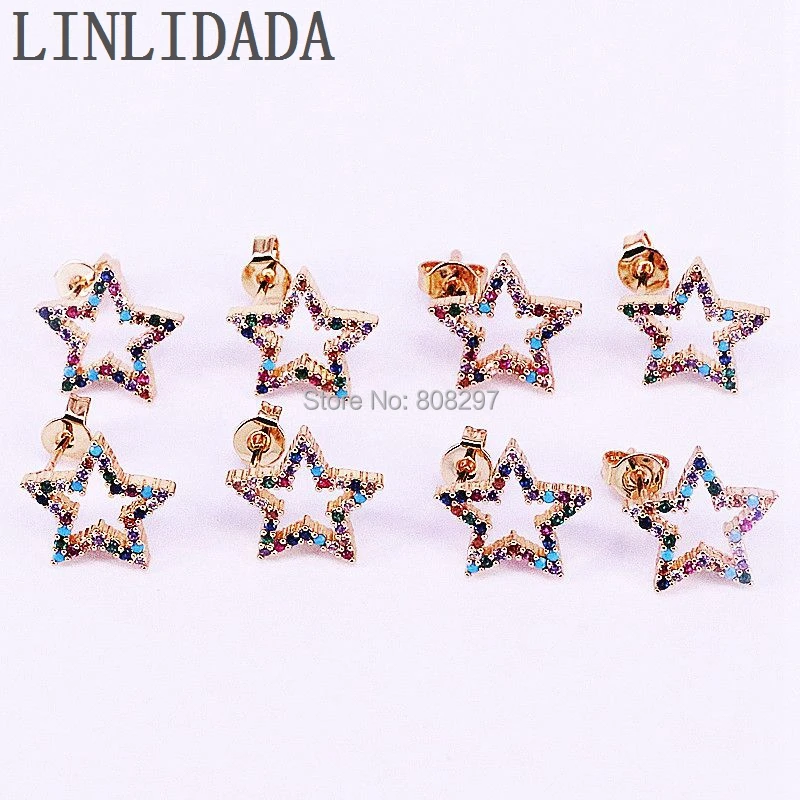 Модные детские носки по 10 пар в Цвет Фул Cz Цирконий Micro Pave полый Золотая Звезда Цвет серьги-гвоздики для женщин и девушек