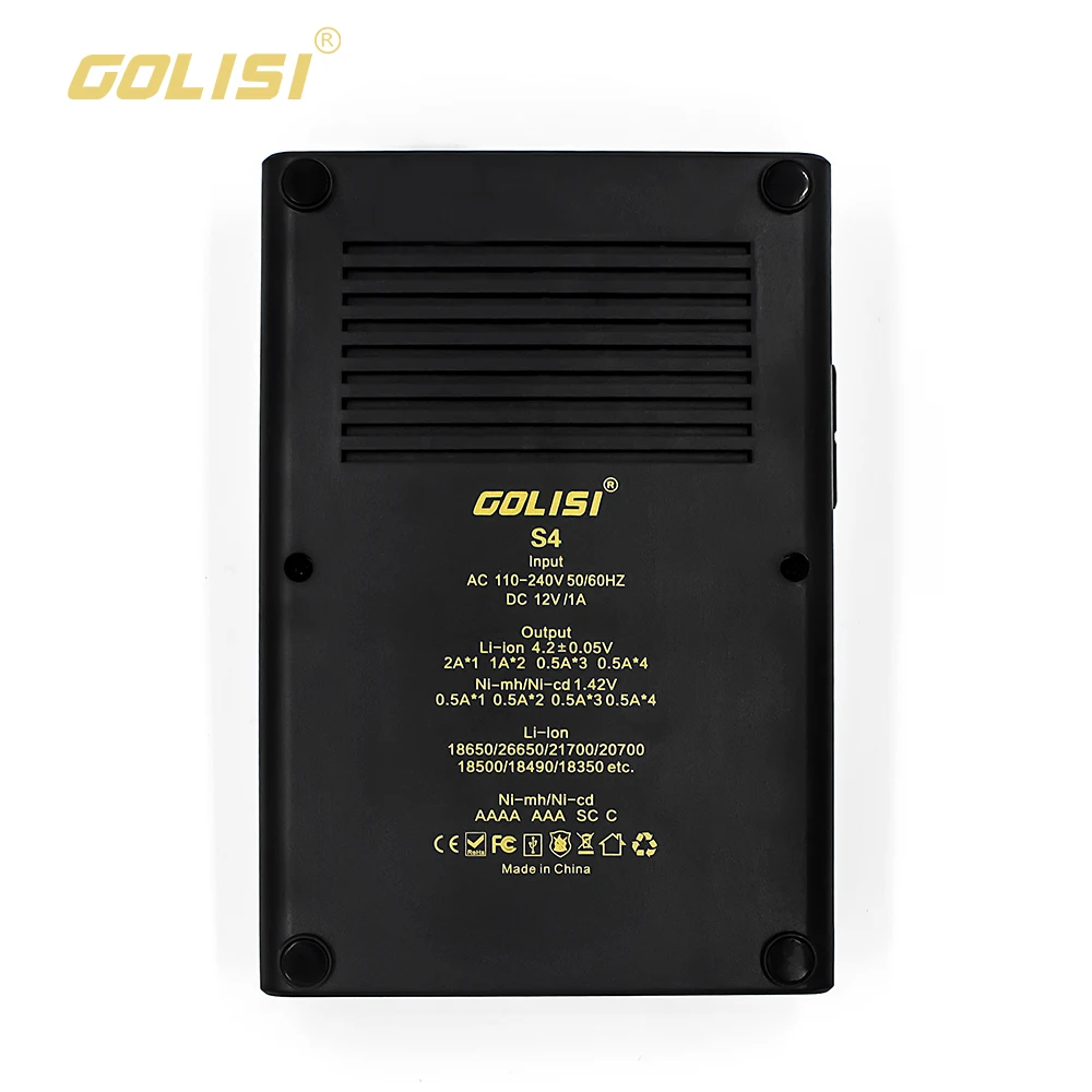 GOLISI S4 2A быстрая зарядка четыре слота Li Ion 18650 21700 26650 / Ni mh cd /aaa/ aa AC 110 240 В 50/60 Гц DC 12 В/1