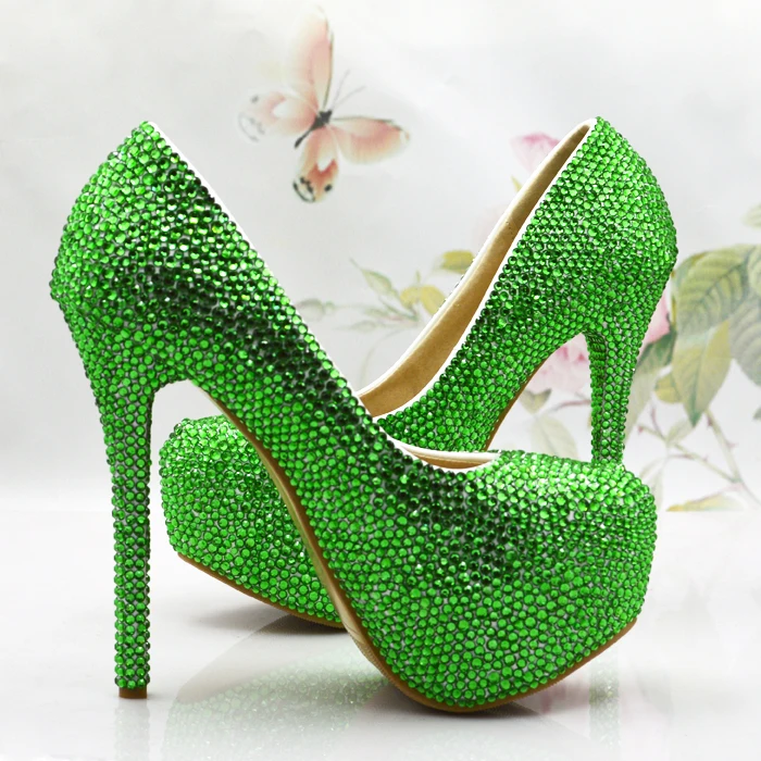 

Party Shoes Women Ladies Pumps Green Crystal Heels Special Date Wears Female Party Club Shoe Round Toe Thin Heel
