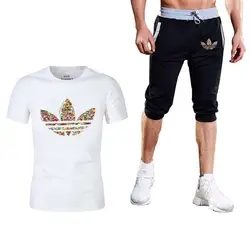 2019 Новая летняя футболка + шорты мужские комплекты с принтом Мужская брендовая одежда костюм из двух предметов Мужская спортивная одежда