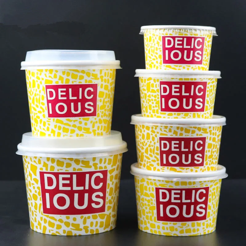 

50pcs Disposable delicious summer ice cream paper bowl cup thick yogurt dessert cake takeaway packaging yellow cup with lid