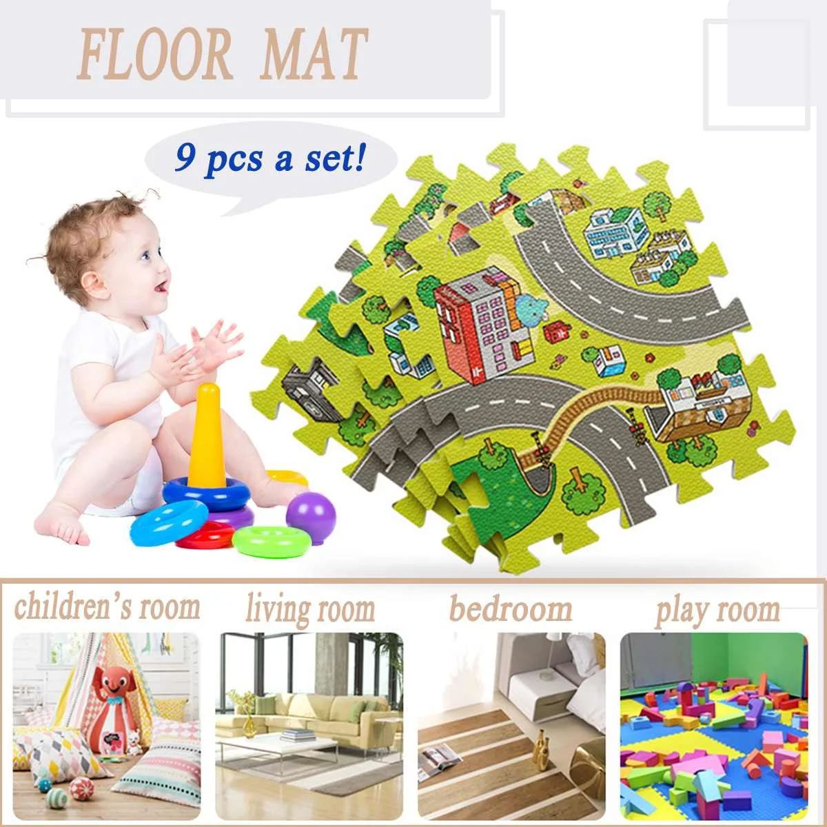 KIWARM 9pcs Kids Baby Crawling Car City Traffic Game Floor Play Mat Rug