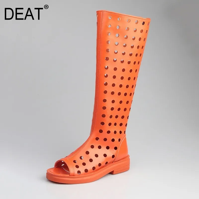 

[DEAT] 2019 New Spring Summer Round Toe Pu Leather Zipper Hollow Out Casual Flat Single Shoes Women Long Boots Fashion 10C740