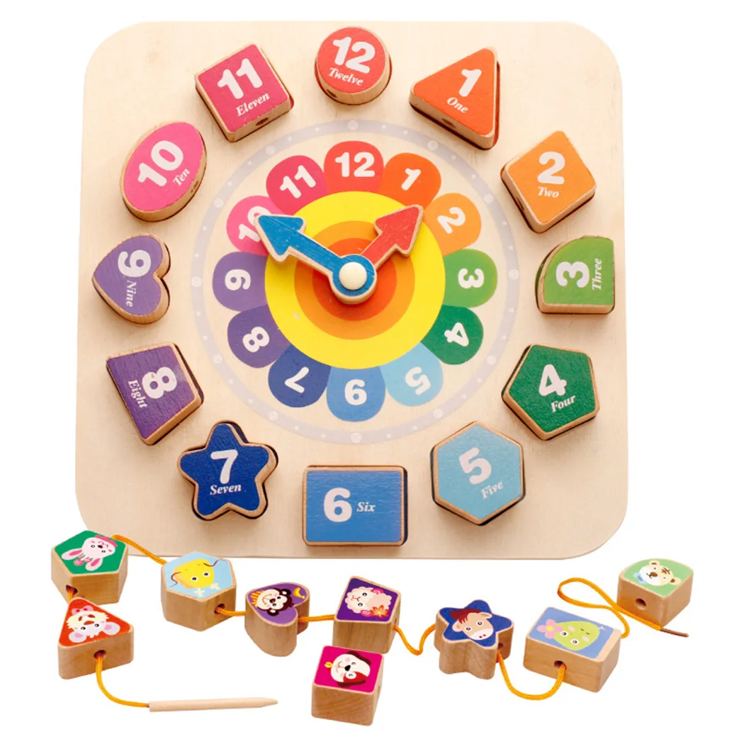 Деревянное животное развивающие часы игрушки для бусины для детей шнуровка Монтессори отрезная игрушка цифровые геометрические Часы игрушки
