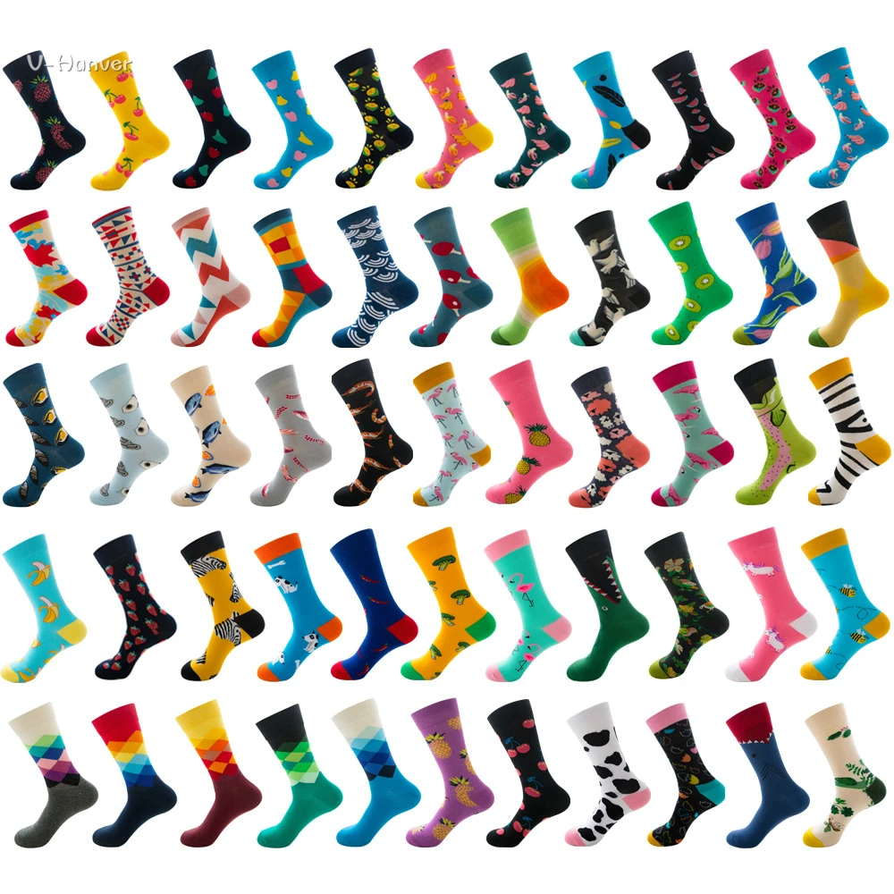 

New Cotton Funny Couple Socks Harajuku Leaves Crew Casual Happy Socks For Men Art Flamingo Fashion Cute Hipster Sock Hip Hop
