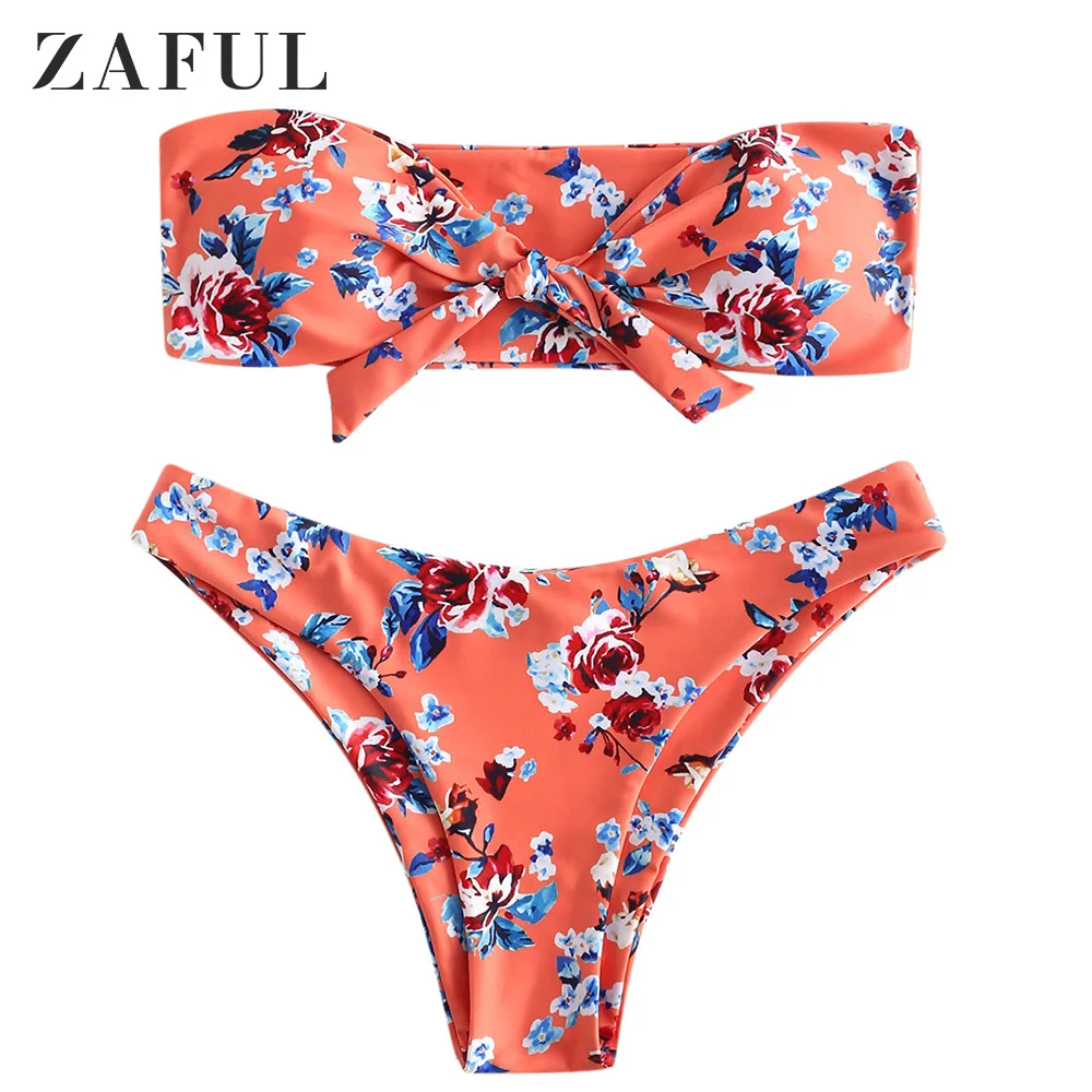 

ZAFUL Flower Plant Print Bandeau Bikini Set Strapless High Leg Cut Bikini Floral Swimwear Women Thong Push Up Bathing Suit