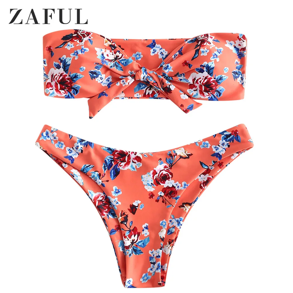  ZAFUL Flower Plant Print Bandeau Bikini Set Strapless High Leg Cut Bikini Floral Swimwear Women Tho