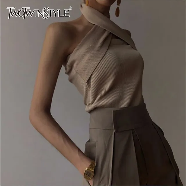 US $14.91 TWOTWINSTYLE Solid Sleeveless Sexy Women Sweater Halter Off Shoulder Slim Knitted Tops Female Fashi