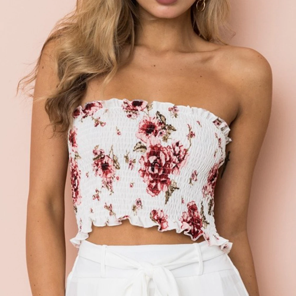Summer Sexy Crop Top Women Strapless Boob Tube Ladies Floral Frill Bandeau Bra Tanks Crop Tops Sexy Cami