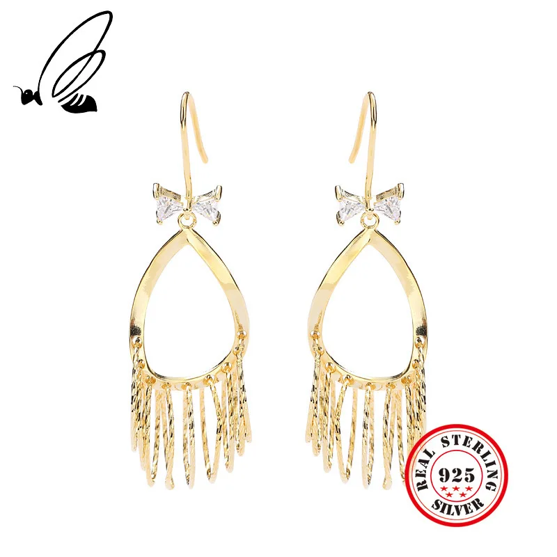 

2019 New Fashion Drop Shape Circle Long Tassel Earrings Sterling 925 Silver Drop Earrings For Women Elegant Jewelry Gift Bijoux