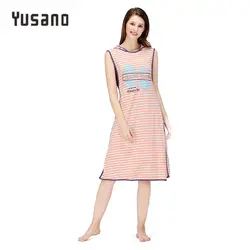 Yusano для женщин Ночная рубашка хлопок пижамы повседневные домашнее платье рубашки без рукавов с кепки ночную рубашку в полоску Принто