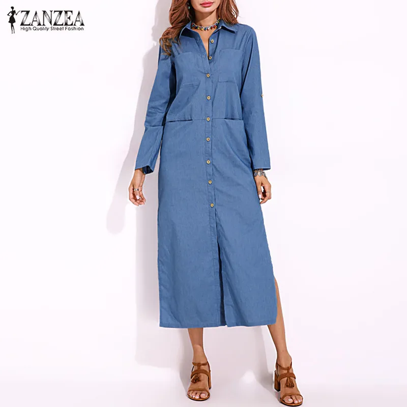 Billig 2019 ZANZEA Frühling Mode Denim Blau Kleid Frauen Casual Revers Langarm Lange Hemd Vestido Elegante Damen Arbeit OL Sommerkleid