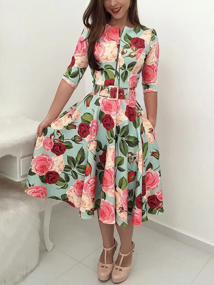 

Joineles Boho Retro Chic Style Summer Floral Women Dress Round Neck Half Sleeves Belts Fashion Zip Vestidos Office Casual Dress