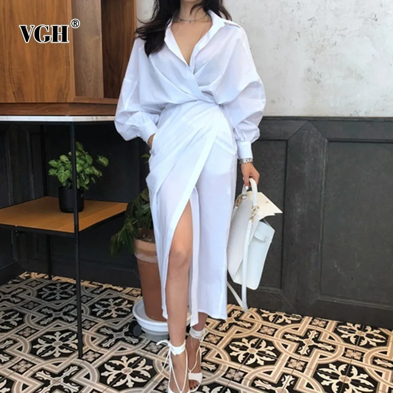 

VGH 2019 Summer Pencil Dresses For Women V Neck Lantern Sleeve High Waist Slim Solid Hem Split Dress Female Fashion New Korean