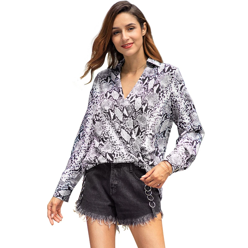 New Fashion Women Shirt Snake Skin Print Blouse Ladies V Neck Long