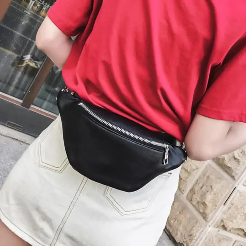 

2018 Women Zipper PU Leather Fanny Pack Shoulder Chest Bag Fashion Belly Belt Waist Bag Lady Waterproof Waist Pack Black White