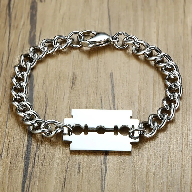 

Punk Silver Razor Blade Bracelet For Men 316L Stainless Steel Male Bangle Hip Hop Gifts