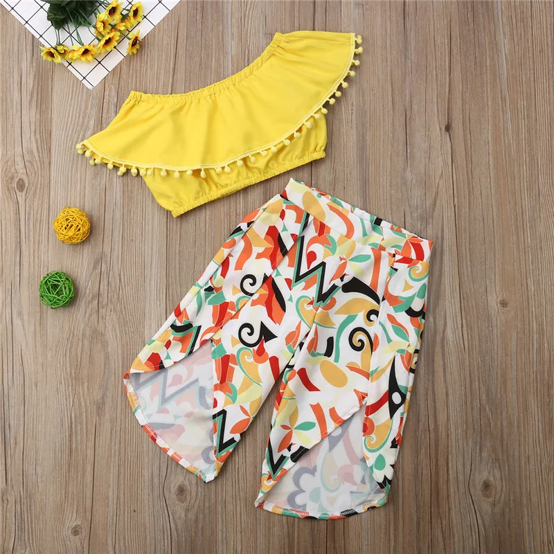 

Summer Kids Toddler Girls clothes off shoulder Ruffle Tassel solid sleeveless Tops Geometry Pants 2pc Baby Polyester Outfits