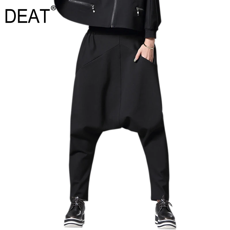 

[DEAT] 2019 New Autumn Winter High Elastic Waist Black Leisure Pocket Harem Loose Pants Women Trousers Fashion Tide JS50