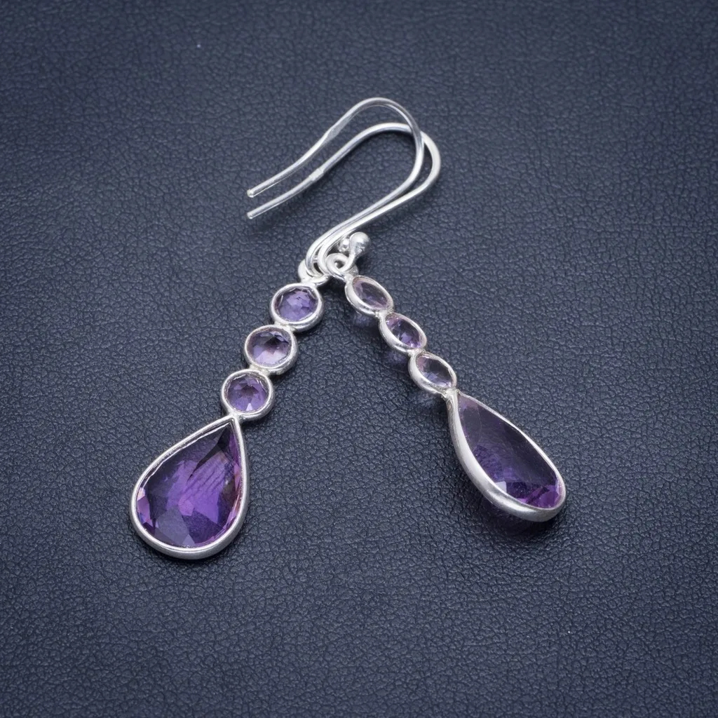 

Natural Amethyst Handmade Unique 925 Sterling Silver Earrings 2" A2403