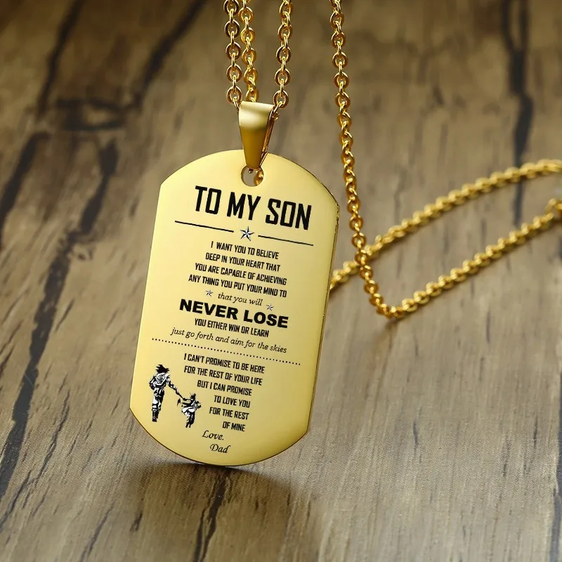 To My Son Dog Tag Pendant Necklace Gold Color Stainless Steel Dad
