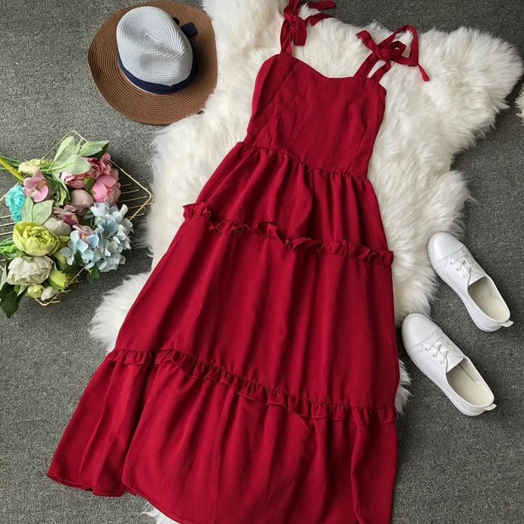 

Women Chiffon Dress Solid Fashion Spaghetti Strap Knee Length A-Line Dress Vintage Sleeveless Bow Casual Chiffon Female Dress