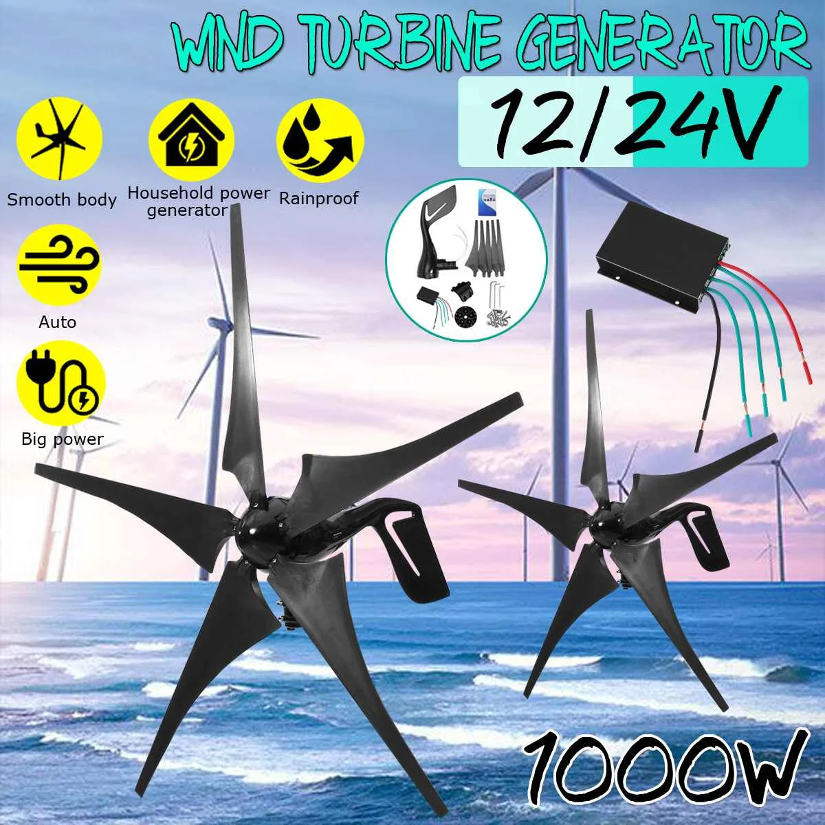 

12V 24V 1000W 5 Nylon Fiber Blade Horizontal Home Wind Turbines Generator Power Windmill Energy Turbines Charge For home Outdoor