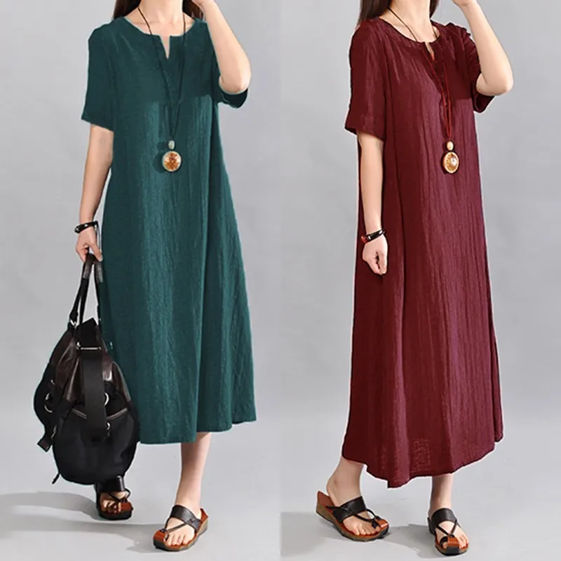 

Celmia Plus Size Women Summer Dress Vintage Linen Vestidos 2019 Casual V Neck Short Sleeve Pockets Casual Loose Midi Dresses 5XL