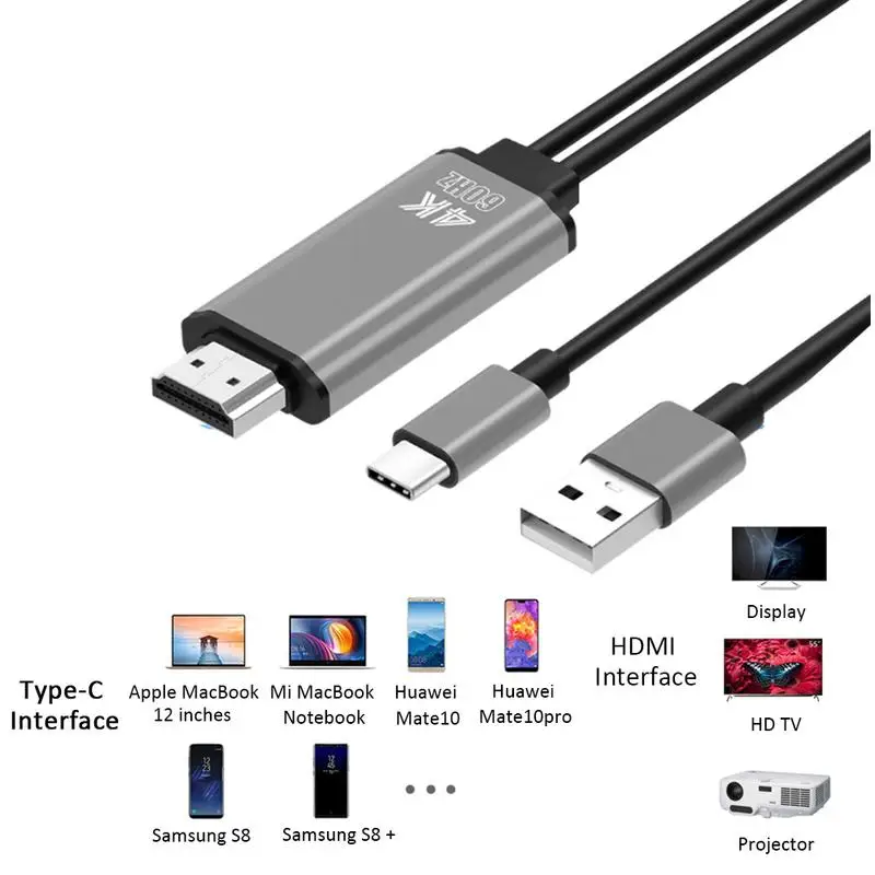 

Type-C To HDMI HD Cable With Power Interface True 4K Line 60Hz HDMI Converter 1.8M Gray HDMI Converter Cable Any Cast Mirror