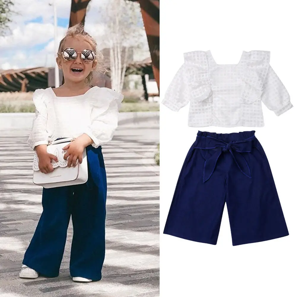 

2 pieces Long Sleeve Lace Tops, Wide Pants Set For Toddler Girls