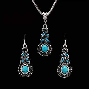 

Bohemian Tibetan Silver Color African Beads Jewelry Sets for Women Wedding Costume dubai Jewelry Sets Crystal Necklace Earrings