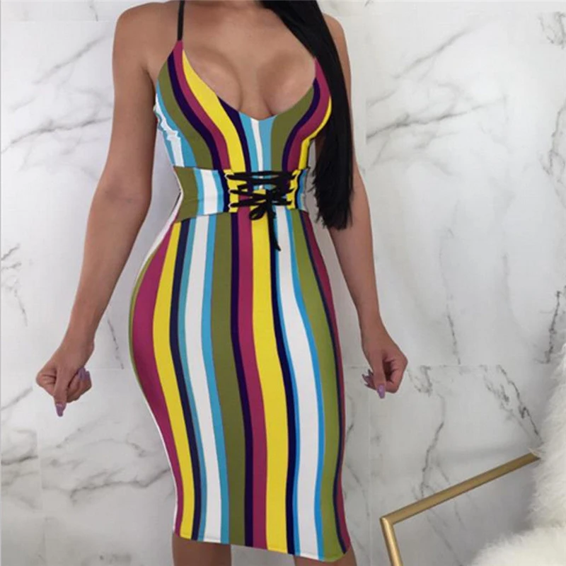 

Sexy Women Stripe Deep-V Bodycon Dress Club Party Push Up Dress