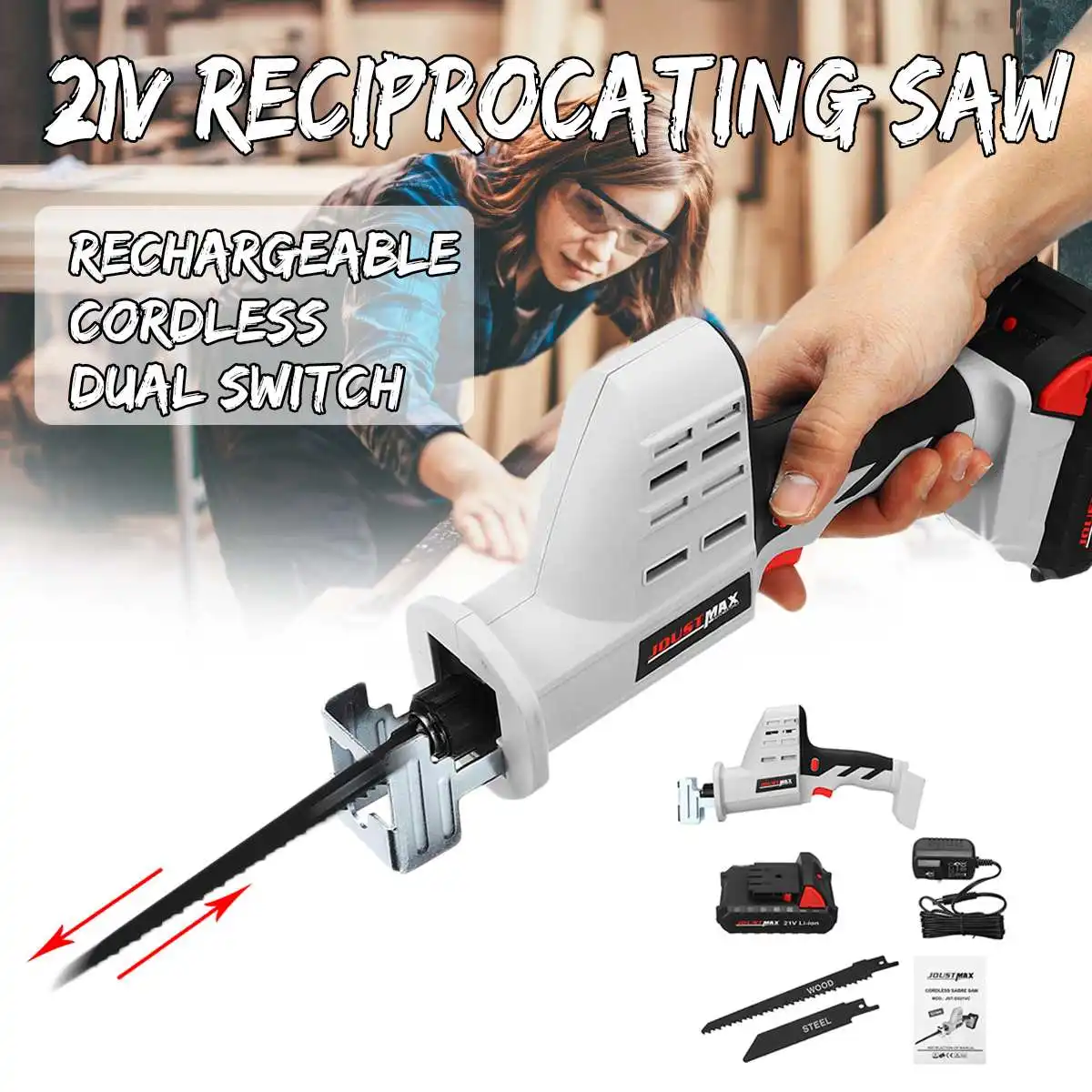 

21V Portable Li-Ion Electric Cordless Reciprocating Saw 1500mAh Saw Blades Wood Metal Chain Saws Woodworking Cutting Power Tool