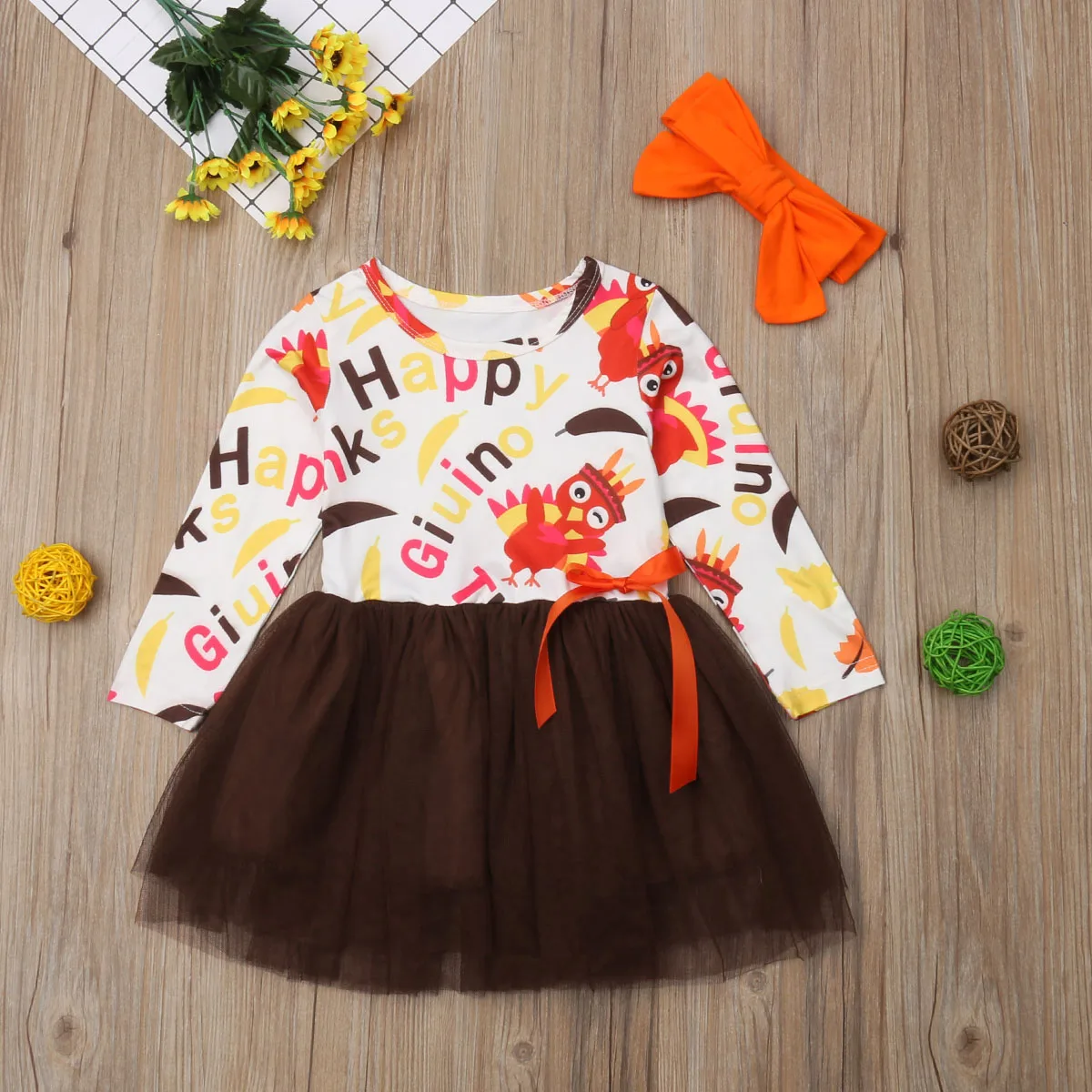 

Infant Toddler Kids Baby Girls Long Sleeve Dress Floral Party Thanksgiving Princess Dresses
