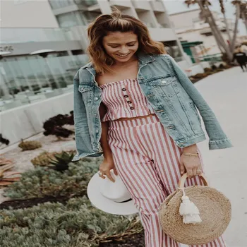 

Women Summer Strapless Ruched Ruffles Sets Button Vintage Sleeveless Striped Crop Top + Wide Leg Pant Casual Jumpsuit Outfits