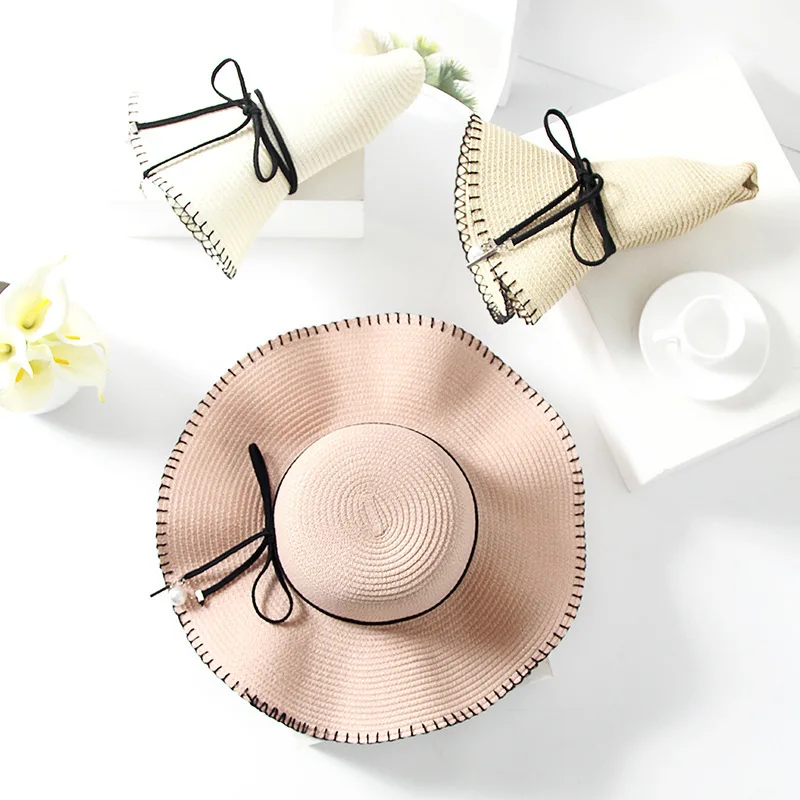 طوي كبيرة حافة Sunhats النساء في الهواء الطلق واقية من الشمس قبعات للحماية من الشمس للنساء الصيف كبيرة القش قبعة كبيرة حافة سيدة الشاطئ عطلة كاب