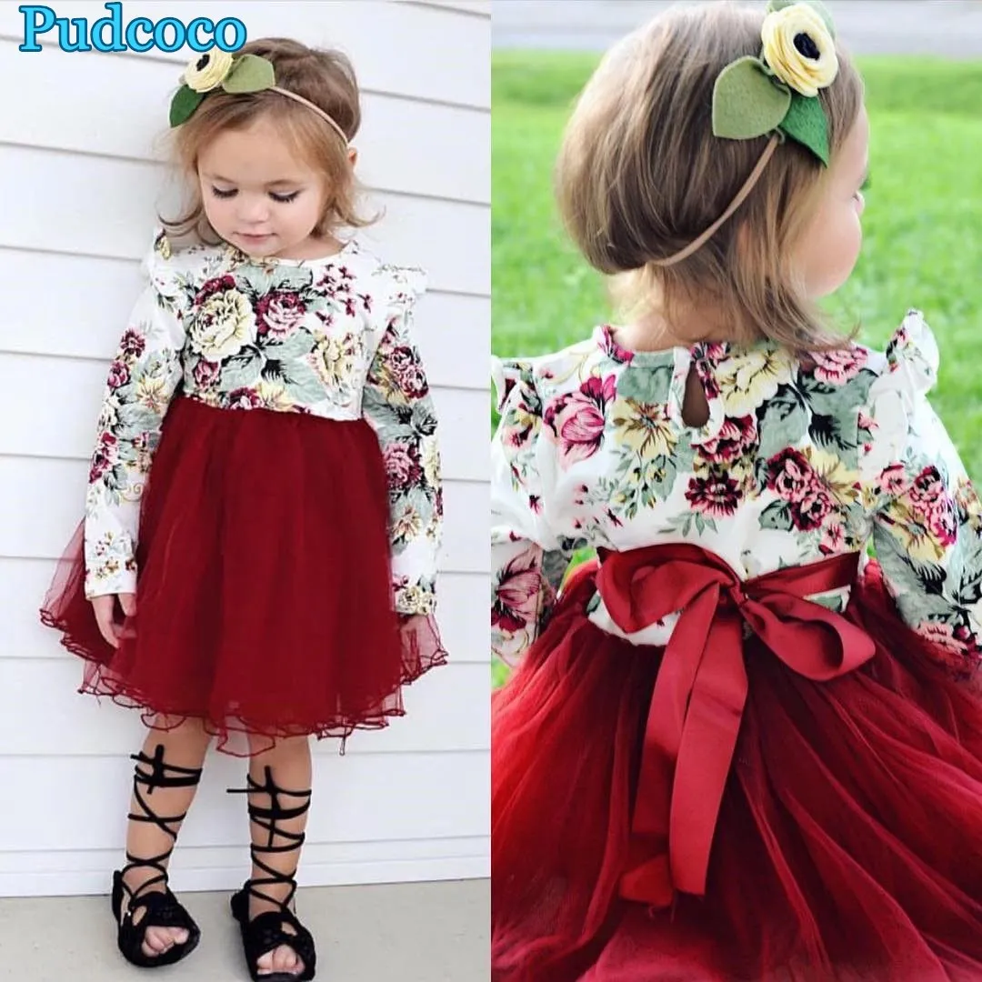 

Pudcoco 2019 Brand New Newborn Kids Baby Girls Long Sleeve Flower Tulle Tutu Bow Dresses Clothes