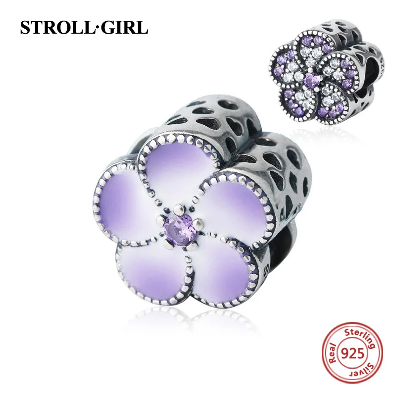 

Flower petal charms with crystal CZ&gradient enamel 925 silver beads Fit original European bracelets diy jewelry Valentine's day