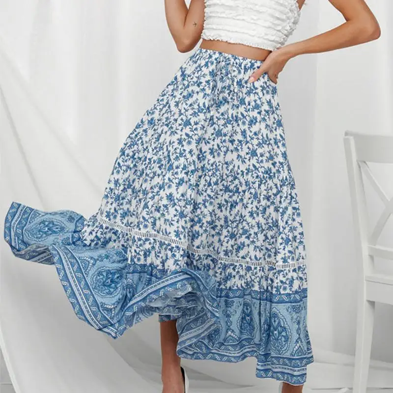 

Melegant Vintage Casual Holiday Beach Long Women Skirts Boho Lace up Floral Skirts Female High Waist Summer Skirt Hollow Out