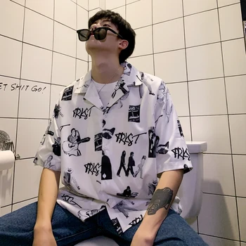 

2019 Summer Men's Fashion Cotton Clothing Shirts New Pattern Tide Male Printing Short Sleeve White/black Color Shirts Size M-XL