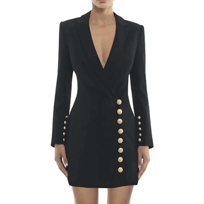

PEONFLY Formal Blazer Women Black Sexy Deep V Neck Gold Single Breasted Jacket Long Sleeve High Quality Fashion Vintage Dress