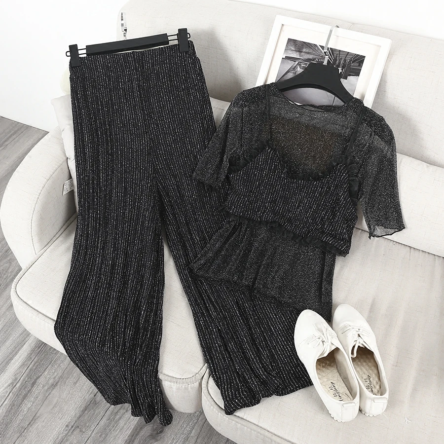 

Sexy Women Mesh Shirts Straps Tops And Pants Sets Perspective Two Piece Suit Summer Casual Wide Leg Pant Suits