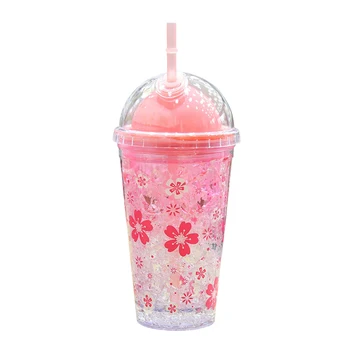 

Janpanese Style Water Bottle Cherry Blossom Sequins Rabbit Cold Cute Portable Frozen Water Cup with Straw for Girls 450ml